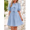 imagePRETTYGARDEN Womens 2025 Summer Casual Short Sleeve Dresses A Line Bow Tie Front Babydoll Loose Cute Mini Dress with PocketsLight Blue