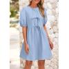 imagePRETTYGARDEN Womens 2025 Summer Casual Short Sleeve Dresses A Line Bow Tie Front Babydoll Loose Cute Mini Dress with PocketsLight Blue