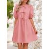 imagePRETTYGARDEN Womens 2025 Summer Casual Short Sleeve Dresses A Line Bow Tie Front Babydoll Loose Cute Mini Dress with PocketsLight Pink