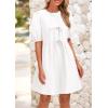 imagePRETTYGARDEN Womens 2025 Summer Casual Short Sleeve Dresses A Line Bow Tie Front Babydoll Loose Cute Mini Dress with PocketsWhite