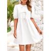 imagePRETTYGARDEN Womens 2025 Summer Casual Short Sleeve Dresses A Line Bow Tie Front Babydoll Loose Cute Mini Dress with PocketsWhite