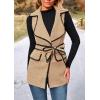imagePRETTYGARDEN Womens 2025 Tweed Vest Jackets Sleeveless Lapel Button Front Belt Color Block Winter Cardigan OuterwearKhaki