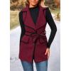 imagePRETTYGARDEN Womens 2025 Tweed Vest Jackets Sleeveless Lapel Button Front Belt Color Block Winter Cardigan OuterwearWine Red