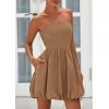 imagePRETTYGARDEN Womens Bubble Mini Short Dress 2025 Summer Casual A Line Strapless Tube Top Sundress Trendy Smocked DressesKhaki