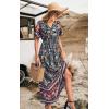 imagePRETTYGARDEN Womens Casual Summer Boho Floral Print Dress V Neck Short Sleeve High Waist Long Maxi Beach DressesBlack