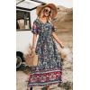 imagePRETTYGARDEN Womens Casual Summer Boho Floral Print Dress V Neck Short Sleeve High Waist Long Maxi Beach DressesBlack