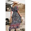 imagePRETTYGARDEN Womens Casual Summer Boho Floral Print Dress V Neck Short Sleeve High Waist Long Maxi Beach DressesBlack