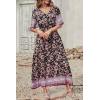 imagePRETTYGARDEN Womens Casual Summer Boho Floral Print Dress V Neck Short Sleeve High Waist Long Maxi Beach DressesBlack Pink Floral