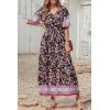 imagePRETTYGARDEN Womens Casual Summer Boho Floral Print Dress V Neck Short Sleeve High Waist Long Maxi Beach DressesBlack Pink Floral