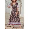 imagePRETTYGARDEN Womens Casual Summer Boho Floral Print Dress V Neck Short Sleeve High Waist Long Maxi Beach DressesBlack Pink Floral