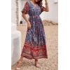imagePRETTYGARDEN Womens Casual Summer Boho Floral Print Dress V Neck Short Sleeve High Waist Long Maxi Beach DressesBlue