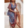 imagePRETTYGARDEN Womens Casual Summer Boho Floral Print Dress V Neck Short Sleeve High Waist Long Maxi Beach DressesBlue