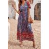 imagePRETTYGARDEN Womens Casual Summer Boho Floral Print Dress V Neck Short Sleeve High Waist Long Maxi Beach DressesBlue