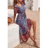 imagePRETTYGARDEN Womens Casual Summer Boho Floral Print Dress V Neck Short Sleeve High Waist Long Maxi Beach DressesBlue