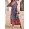 imagePRETTYGARDEN Womens Casual Summer Boho Floral Print Dress V Neck Short Sleeve High Waist Long Maxi Beach DressesBlue