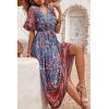 imagePRETTYGARDEN Womens Casual Summer Boho Floral Print Dress V Neck Short Sleeve High Waist Long Maxi Beach DressesBlue