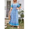 imagePRETTYGARDEN Womens Casual Summer Boho Floral Print Dress V Neck Short Sleeve High Waist Long Maxi Beach DressesBlue Yellow Floral