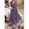 imagePRETTYGARDEN Womens Casual Summer Boho Floral Print Dress V Neck Short Sleeve High Waist Long Maxi Beach DressesNavy