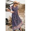 imagePRETTYGARDEN Womens Casual Summer Boho Floral Print Dress V Neck Short Sleeve High Waist Long Maxi Beach DressesNavy