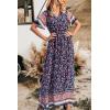 imagePRETTYGARDEN Womens Casual Summer Boho Floral Print Dress V Neck Short Sleeve High Waist Long Maxi Beach DressesNavy