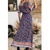 imagePRETTYGARDEN Womens Casual Summer Boho Floral Print Dress V Neck Short Sleeve High Waist Long Maxi Beach DressesNavy