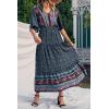 imagePRETTYGARDEN Womens Casual Summer Boho Floral Print Dress V Neck Short Sleeve High Waist Long Maxi Beach DressesNavy Floral