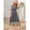 imagePRETTYGARDEN Womens Casual Summer Boho Floral Print Dress V Neck Short Sleeve High Waist Long Maxi Beach DressesNavy Yellow Floral