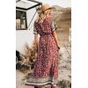 imagePRETTYGARDEN Womens Casual Summer Boho Floral Print Dress V Neck Short Sleeve High Waist Long Maxi Beach DressesRed