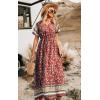 imagePRETTYGARDEN Womens Casual Summer Boho Floral Print Dress V Neck Short Sleeve High Waist Long Maxi Beach DressesRed