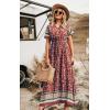 imagePRETTYGARDEN Womens Casual Summer Boho Floral Print Dress V Neck Short Sleeve High Waist Long Maxi Beach DressesRed