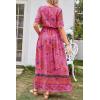 imagePRETTYGARDEN Womens Casual Summer Boho Floral Print Dress V Neck Short Sleeve High Waist Long Maxi Beach DressesRose Red Floral