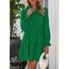 imagePRETTYGARDEN Womens Spring 2025 Long Puff Sleeve Mini Dress Hollow Out Lace V Neck A Line Ruffle Casual Party DressesDark Green