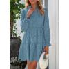 imagePRETTYGARDEN Womens Spring 2025 Long Puff Sleeve Mini Dress Hollow Out Lace V Neck A Line Ruffle Casual Party DressesGrey Blue