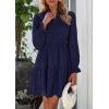 imagePRETTYGARDEN Womens Spring 2025 Long Puff Sleeve Mini Dress Hollow Out Lace V Neck A Line Ruffle Casual Party DressesNavy