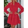 imagePRETTYGARDEN Womens Spring 2025 Long Puff Sleeve Mini Dress Hollow Out Lace V Neck A Line Ruffle Casual Party DressesRed