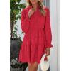 imagePRETTYGARDEN Womens Spring 2025 Long Puff Sleeve Mini Dress Hollow Out Lace V Neck A Line Ruffle Casual Party DressesRed