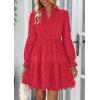 imagePRETTYGARDEN Womens Spring 2025 Long Puff Sleeve Mini Dress Hollow Out Lace V Neck A Line Ruffle Casual Party DressesRed