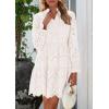 imagePRETTYGARDEN Womens Spring 2025 Long Puff Sleeve Mini Dress Hollow Out Lace V Neck A Line Ruffle Casual Party DressesWhite