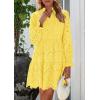 imagePRETTYGARDEN Womens Spring 2025 Long Puff Sleeve Mini Dress Hollow Out Lace V Neck A Line Ruffle Casual Party DressesYellow