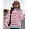 imagePRETTYGARDEN Womens Striped Oversized Sweatshirt Color Block Crew Neck Long Sleeve Casual Loose Pullover Top Y2K ClothesPink White