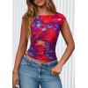 imagePRETTYGARDEN Womens Summer Floral Mesh Tank Tops 2025 Trendy Casual Cap Sleeve Slim Fitted Blouse Shirt Going Out OutfitsPurple Red