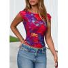 imagePRETTYGARDEN Womens Summer Floral Mesh Tank Tops 2025 Trendy Casual Cap Sleeve Slim Fitted Blouse Shirt Going Out OutfitsPurple Red