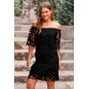 imagePRETTYGARDEN Womens Summer Off Shoulder Dresses Floral Lace Flare Short Sleeve Spring Vintage Elegant Mini DressBlack