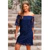 imagePRETTYGARDEN Womens Summer Off Shoulder Dresses Floral Lace Flare Short Sleeve Spring Vintage Elegant Mini DressNavy