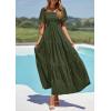 imagePRETTYGARDEN Womens Summer Puff Short Sleeve Maxi Dress Square Neck Smocked Tiered Ruffle A Line Long Flowy Beach DressesArmy Green