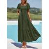 imagePRETTYGARDEN Womens Summer Puff Short Sleeve Maxi Dress Square Neck Smocked Tiered Ruffle A Line Long Flowy Beach DressesArmy Green