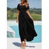 imagePRETTYGARDEN Womens Summer Puff Short Sleeve Maxi Dress Square Neck Smocked Tiered Ruffle A Line Long Flowy Beach DressesBlack