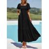 imagePRETTYGARDEN Womens Summer Puff Short Sleeve Maxi Dress Square Neck Smocked Tiered Ruffle A Line Long Flowy Beach DressesBlack