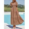 imagePRETTYGARDEN Womens Summer Puff Short Sleeve Maxi Dress Square Neck Smocked Tiered Ruffle A Line Long Flowy Beach DressesKhaki
