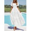 imagePRETTYGARDEN Womens Summer Puff Short Sleeve Maxi Dress Square Neck Smocked Tiered Ruffle A Line Long Flowy Beach DressesWhite